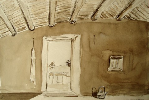 karalhouse Fatimata's house, Karal, Mali. Walnut ink on tinted paper by Maria Coryell-Martin, February 2005.